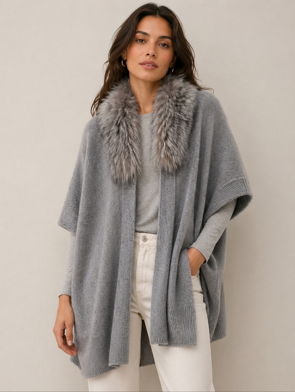Sz XS Saks Fifth Avenue Gray Fox Fur Collar Cashmere Shrug w/Dolman Sleeves